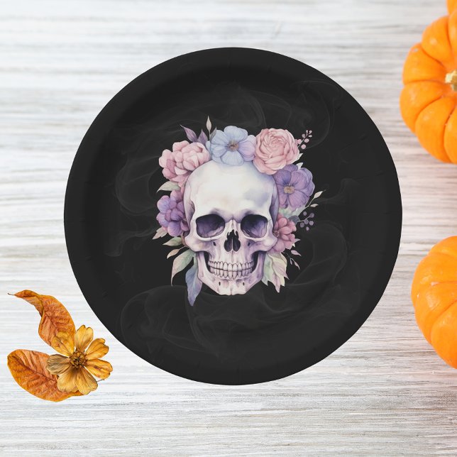 Elegant Floral & Skull Gothic Halloween Party  Paper Plates (Creator Uploaded)