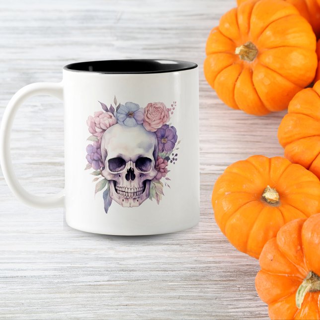 Elegant Floral & Skull Gothic Halloween spooky Two-Tone Coffee Mug (Creator Uploaded)