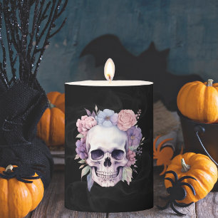 Elegant Floral Skull Gothic spooky Halloween Pillar Candle