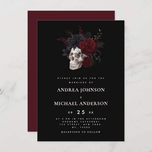 Elegant Floral Skull Halloween Wedding Wine Red Invitation