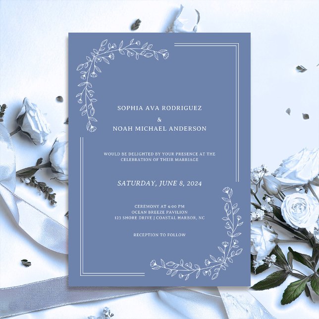 Elegant Floral Slate Blue Wedding Invitation (Creator Uploaded)