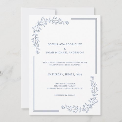 Elegant Floral Slate Blue Wedding Invitation