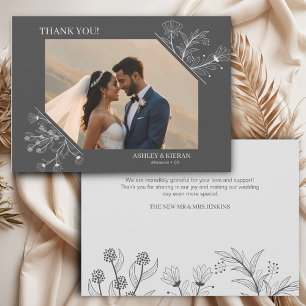 Elegant Floral Smoke Grey Wedding Thank You Card