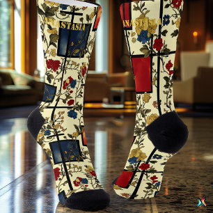 Elegant Floral Socks with Retro Geometric Accents