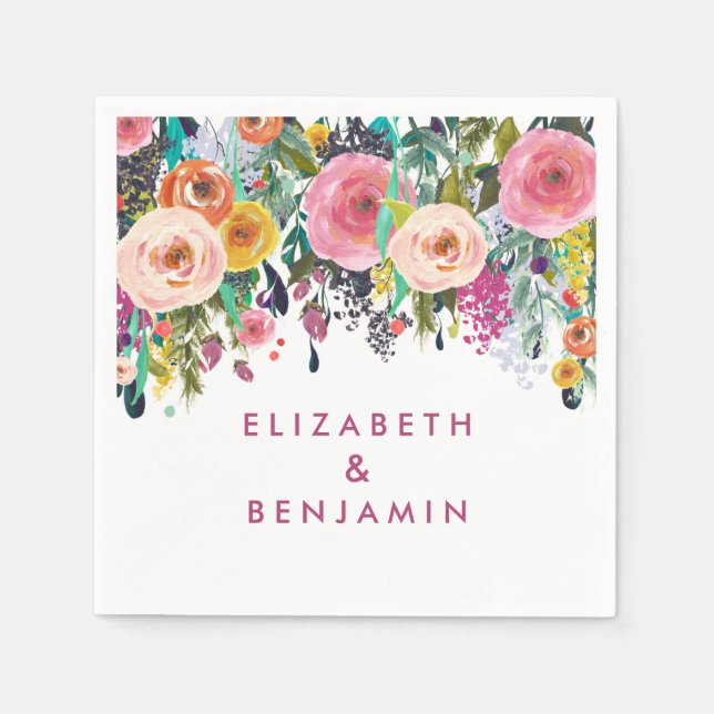 Elegant Floral Spring Summer Wedding Name Paper Napkins (Front)