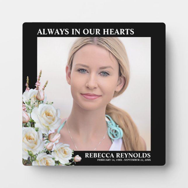 Elegant Floral Square Photo Memorial Plaque (Front)