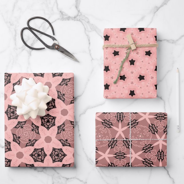 Elegant Floral & Star Pattern Set in Blush Tones Wrapping Paper Sheets (Front)