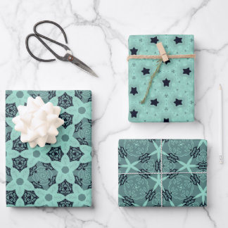 Elegant Floral & Star Patterns in Mint Tones Wrapping Paper Sheets