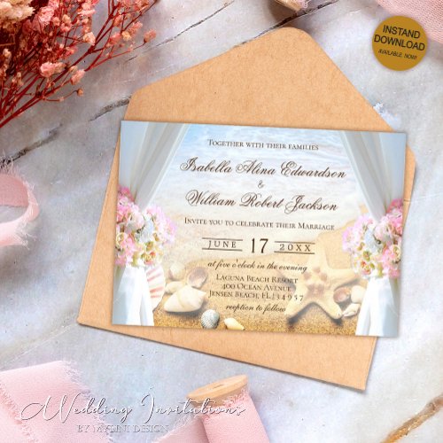 Elegant Floral Starfish Tropical Beach Wedding Invitation