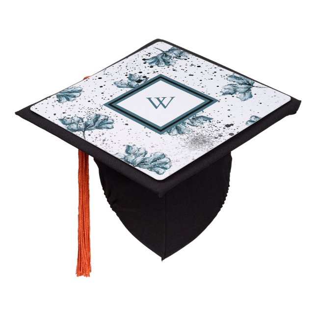 Elegant Floral steel Blue Monogram Graduation Cap Topper (Angled)