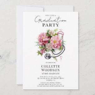 Elegant Floral Stethoscope Nurse Graduation Invitation