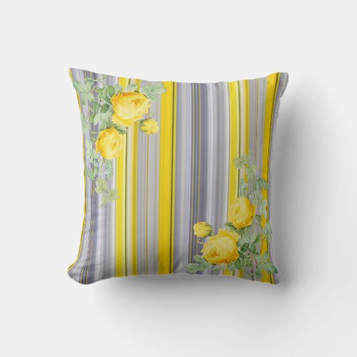 Elegant Floral Stiped Sunny Yellow Gray Gradient Throw Pillow