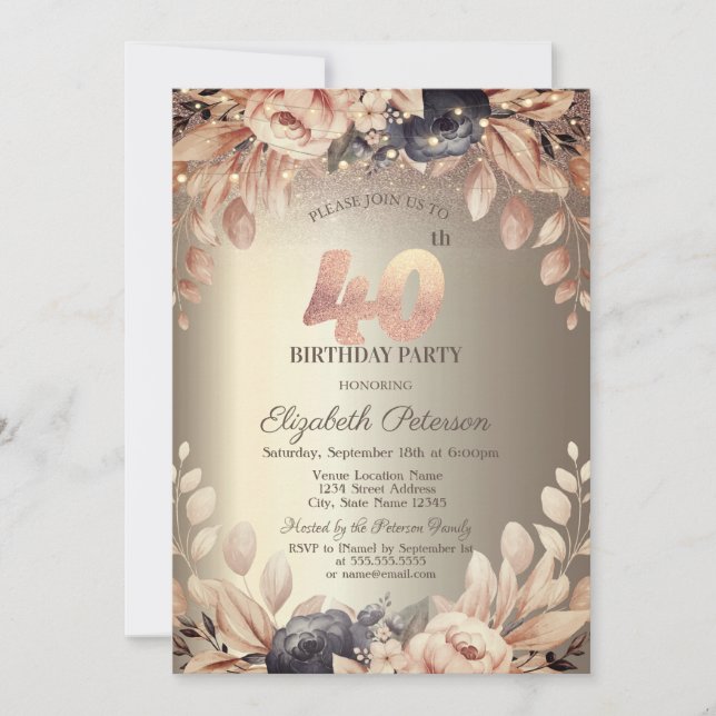 Elegant Floral,String Lights 40th Birthday  Invitation (Front)