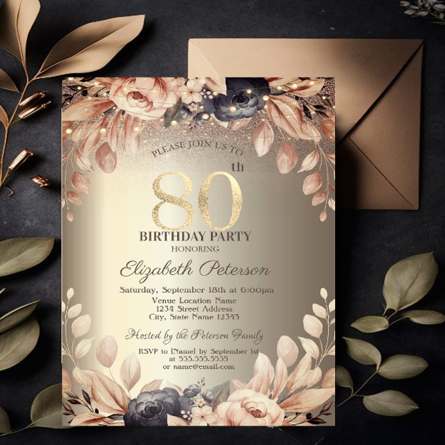 Elegant Floral,String Lights 80th Birthday  Invitation (Creator Uploaded)