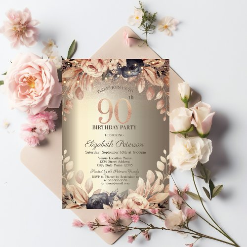 Elegant FloralString Lights 90th Birthday  Invitation