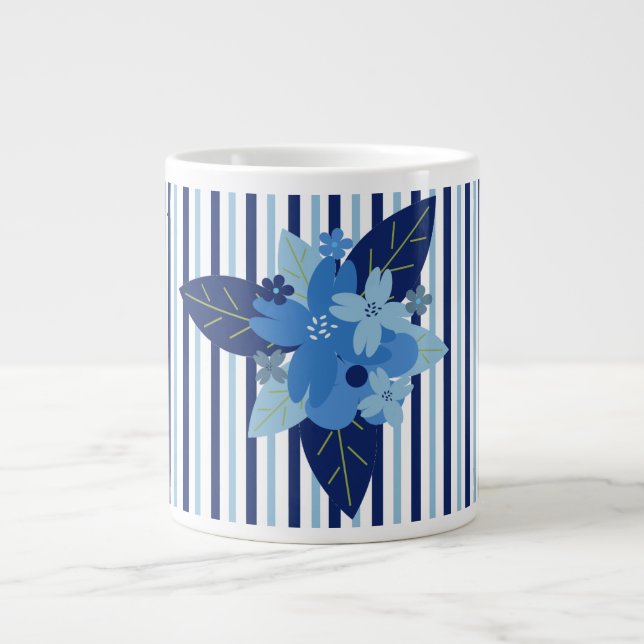 Elegant floral stripes monochromatic blue giant coffee mug (Front)