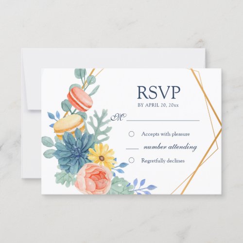Elegant Floral Succulent Macaron Wedding Meal RSVP Card