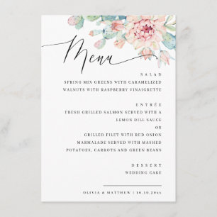 Elegant Floral Succulent Wedding. Botanical Dinner Menu