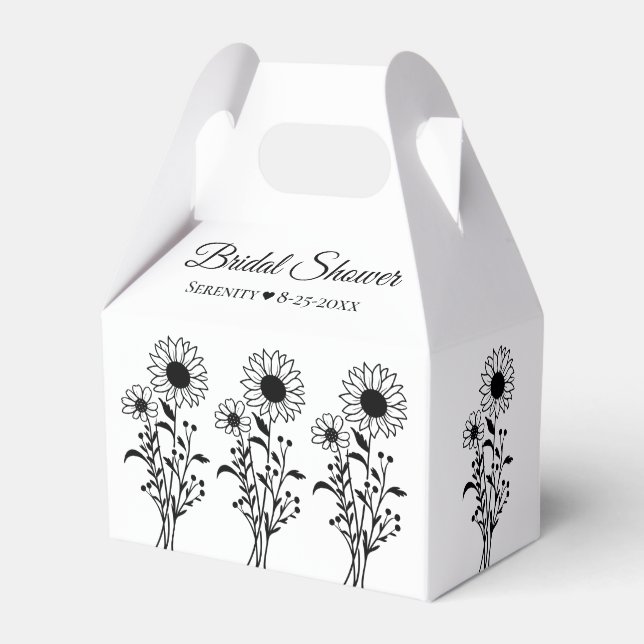 Elegant Floral Sunflower Black White Bridal Shower Favor Boxes (Back Side)