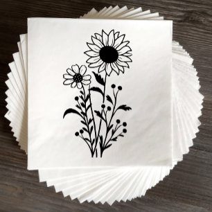 Elegant Floral Sunflower Black White Wedding Napkins