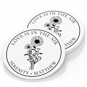 Elegant Floral Sunflower Black White Wedding       Round Paper Coaster