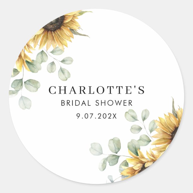 Elegant Floral Sunflower Bridal Shower Classic Round Sticker (Front)