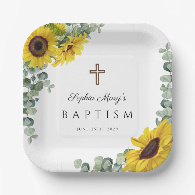 Elegant Floral Sunflower Cross Baptism Paper Plates (Front)