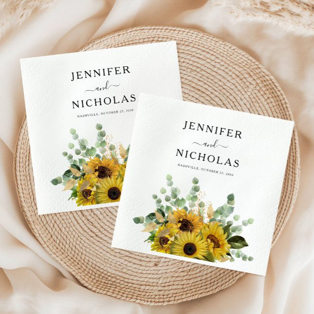 Elegant Floral Sunflower Eucalyptus Wedding Napkins (Elegant Floral Sunflower Eucalyptus Wedding Napkins)