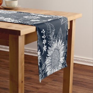 Elegant Floral Sunflower Navy Blue White Short Tab Short Table Runner
