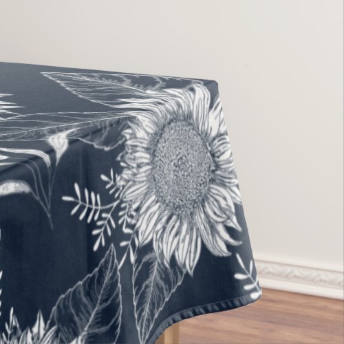 Elegant Floral Sunflower Navy Blue White Tableclot Tablecloth