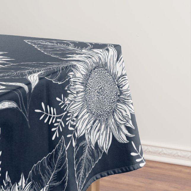 Elegant Floral Sunflower Navy Blue White Tableclot Tablecloth (In Situ)