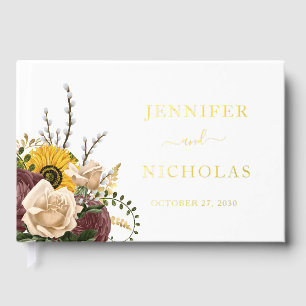 Elegant Floral Sunflower Wedding Gold Foil Guest Book