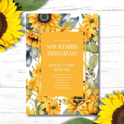 Elegant Floral Sunflowers 50th Wedding Anniversary Invitation