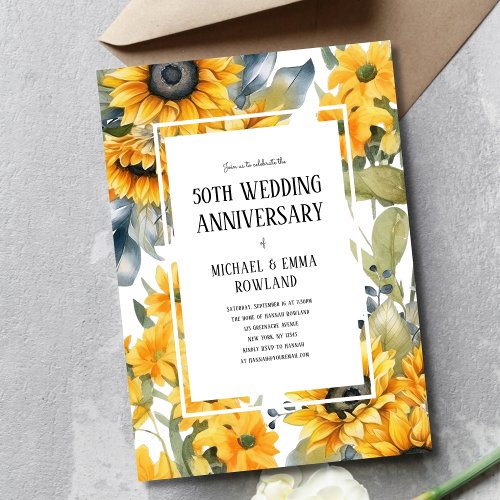 Elegant Floral Sunflowers 50th Wedding Anniversary Invitation