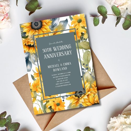 Elegant Floral Sunflowers 50th Wedding Anniversary Invitation