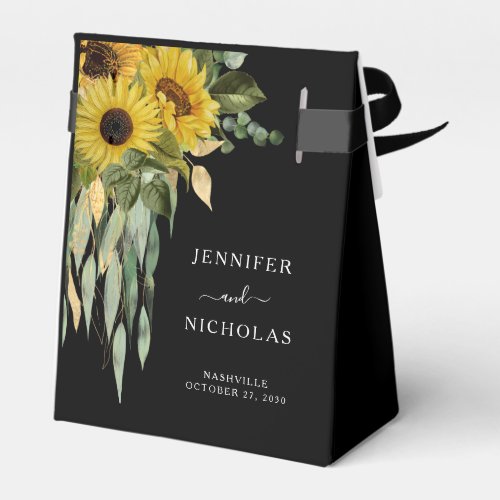 Elegant Floral Sunflowers Black Wedding Favor Boxes