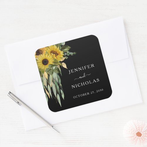 Elegant Floral Sunflowers Black Wedding Square Sticker