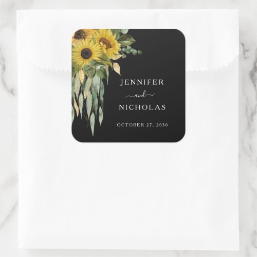 Elegant Floral Sunflowers Black Wedding Square Sticker