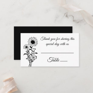Elegant Floral Sunflowers Black White Wedding Place Card