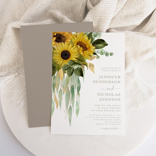 Elegant Floral Sunflowers Eucalyptus Wedding Invitation