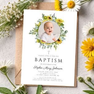 Elegant Floral Sunflowers Girl Photo Baptism Invitation