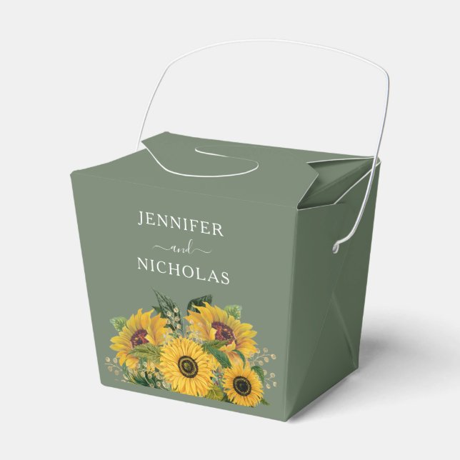 Elegant Floral Sunflowers Green Wedding Favor Boxes (Front Side)