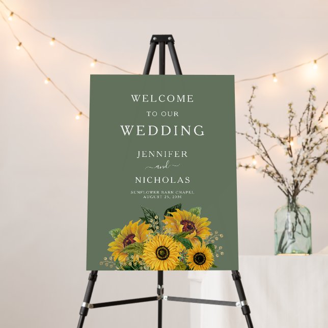 Elegant Floral Sunflowers Green Wedding Welcome Foam Board (In Situ (Stand))