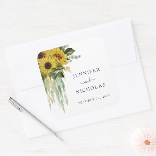 Elegant Floral Sunflowers Navy Blue Wedding Square Sticker