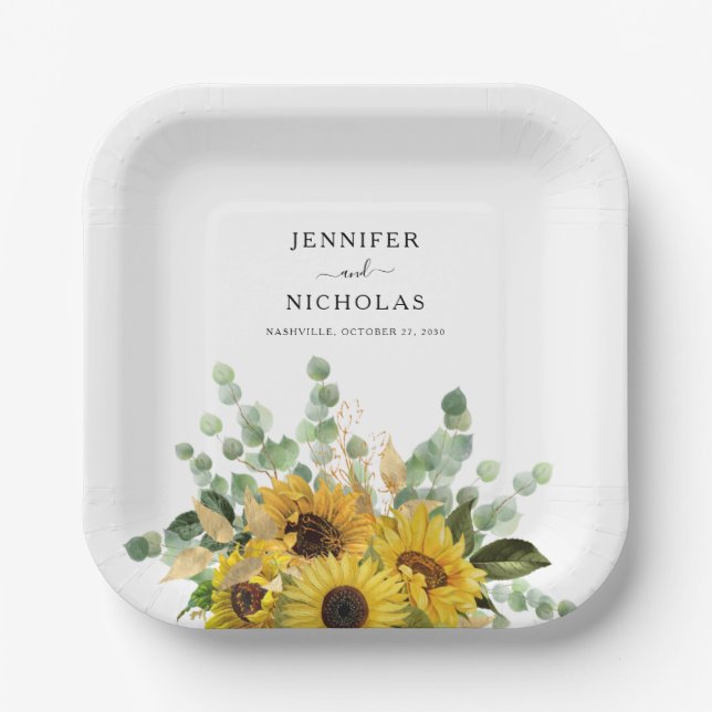 Elegant Floral Sunflowers Wedding Paper Plates (Front)