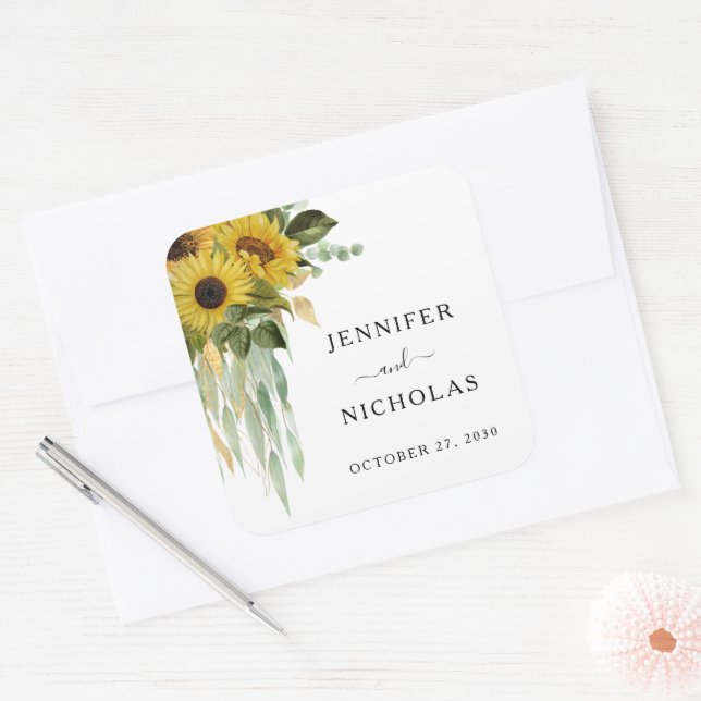 Elegant Floral Sunflowers Wedding Square Sticker (Envelope)