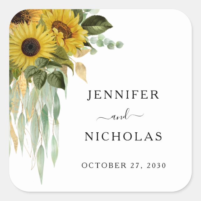 Elegant Floral Sunflowers Wedding Square Sticker (Front)