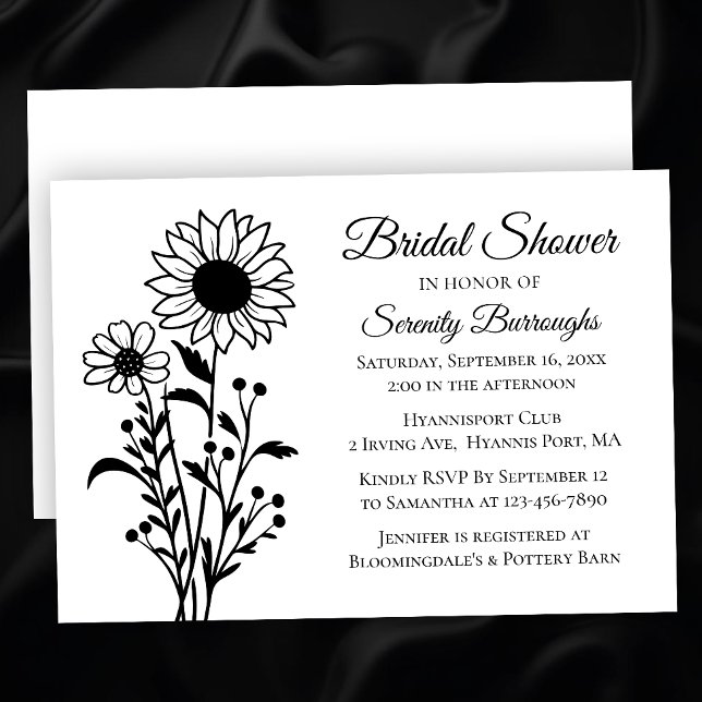 Elegant Floral Sunflowes Black White Bridal Shower Invitation (Creator Uploaded)