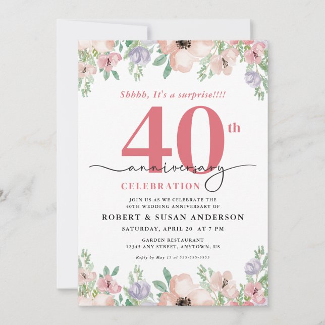 Elegant Floral Surprise 40th Wedding Anniversary Invitation (Front)