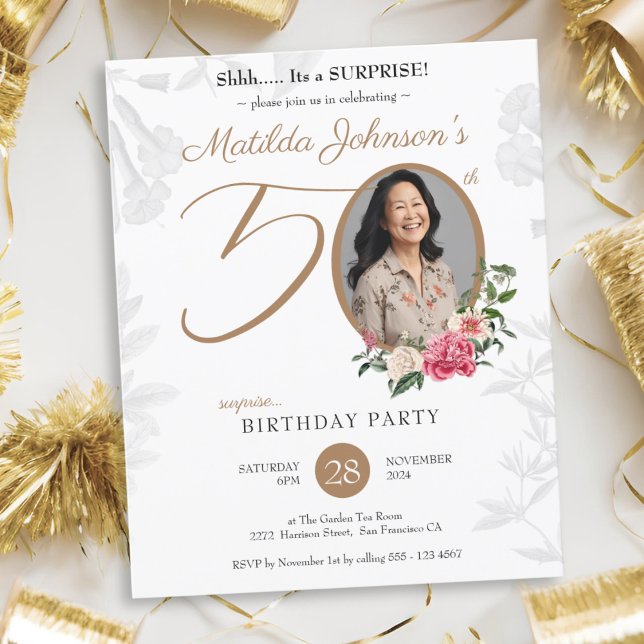 Elegant Floral Surprise 50th Birthday Invitation (Elegant Floral Surprise 50th Birthday Invitation)